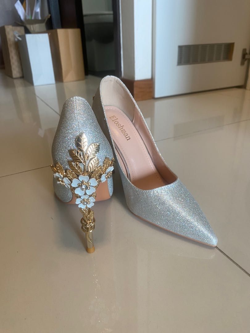 Elegant silver flower heels Women s Fashion Footwear Heels on