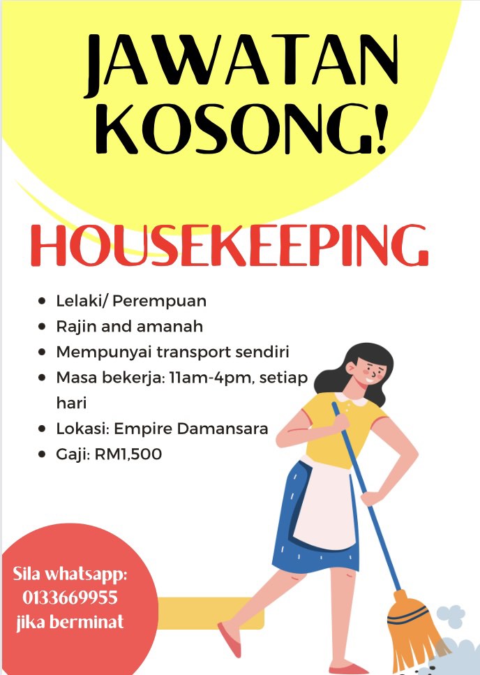 Housekeeping ( Kerja Kosong), Jobs, Fulltime, Cleaning & Housekeeping