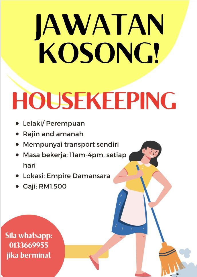 Housekeeping ( Kerja Kosong), Jobs, Fulltime, Cleaning & Housekeeping