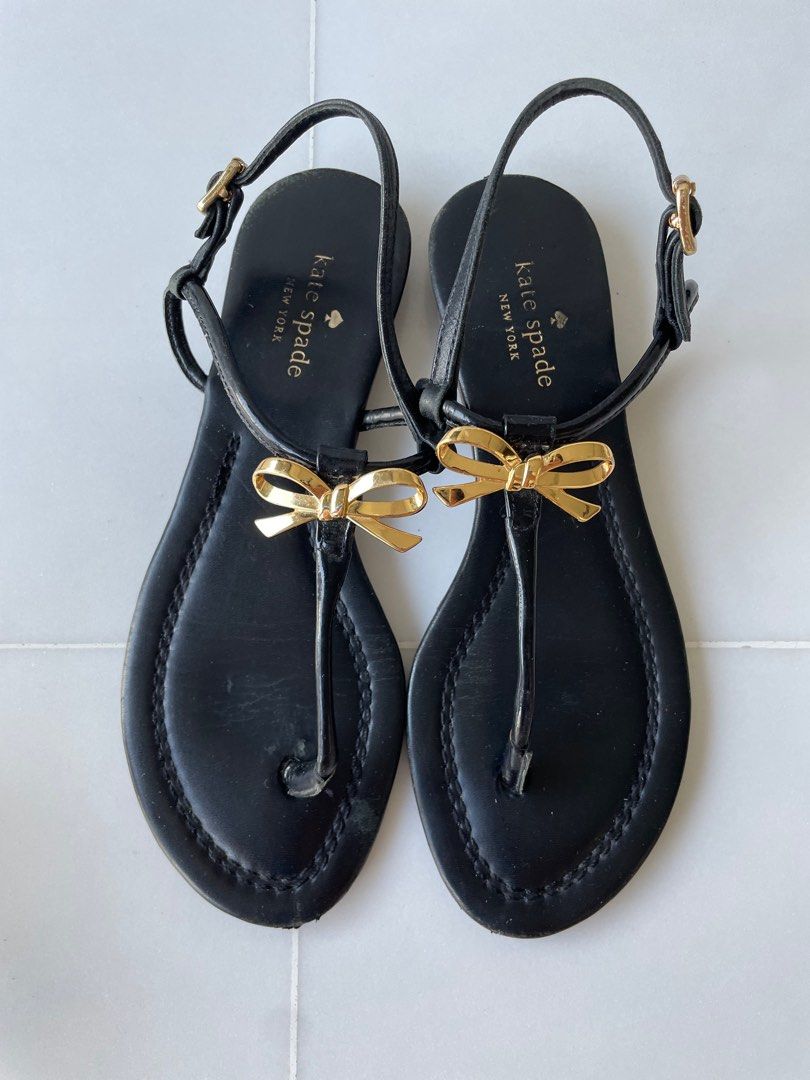 Kate Spade black leather sandals with gold bow, Women's Fashion, Footwear,  Sandals on Carousell
