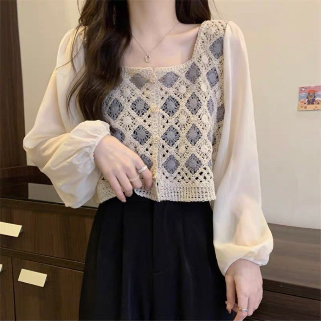 Korean Uzzlang Chiffon Corset elegant long sleeve blouse crop top