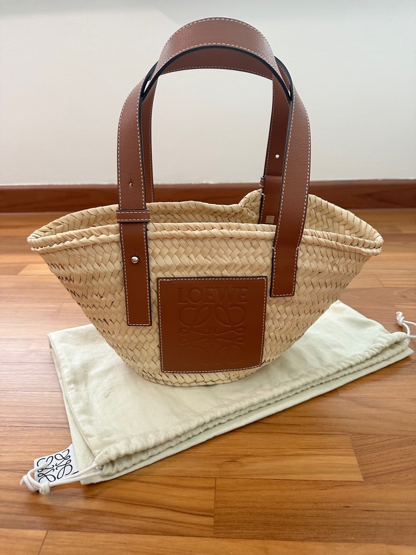 Small Basket bag in palm leaf and calfskin Light Blue - LOEWE