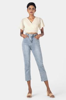 Lovet Side Bae Double Button Slim Fit Jeans in Light Wash