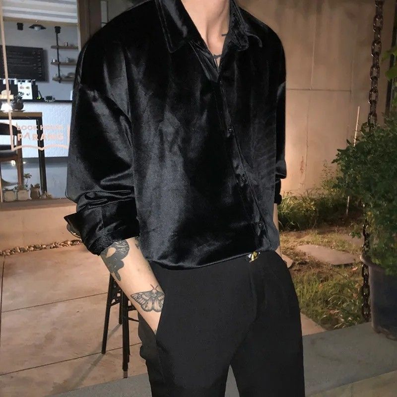 Black velvet long sleeve shirt shop