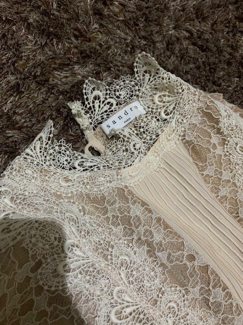 sandro peaches lace dress Sandro Peach Textured Neoprene and Lace Rebel Knee Length Dress S Sandro