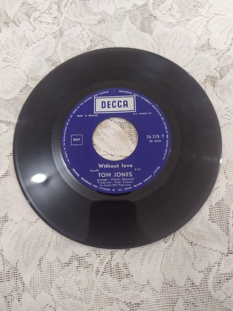 Tom Jones - Without Love (7" single) (Category: Vinyls) located in Cebu City. Submitted by pandastampscebu (Listing ID 1221508118, Image 2). Description: Tom Jones - Without Love (7" single) (Decca, 1969) : 125P. European pressing (Belgium). Vinyl is in excellent condition. Tracks : a) Without Love b) A Man Who Knows Too Much All vinyl singles are tested and cleaned with a vacuum record cleaner. Payment : Gcash, RCBC, Palawan. Shipping fee nation