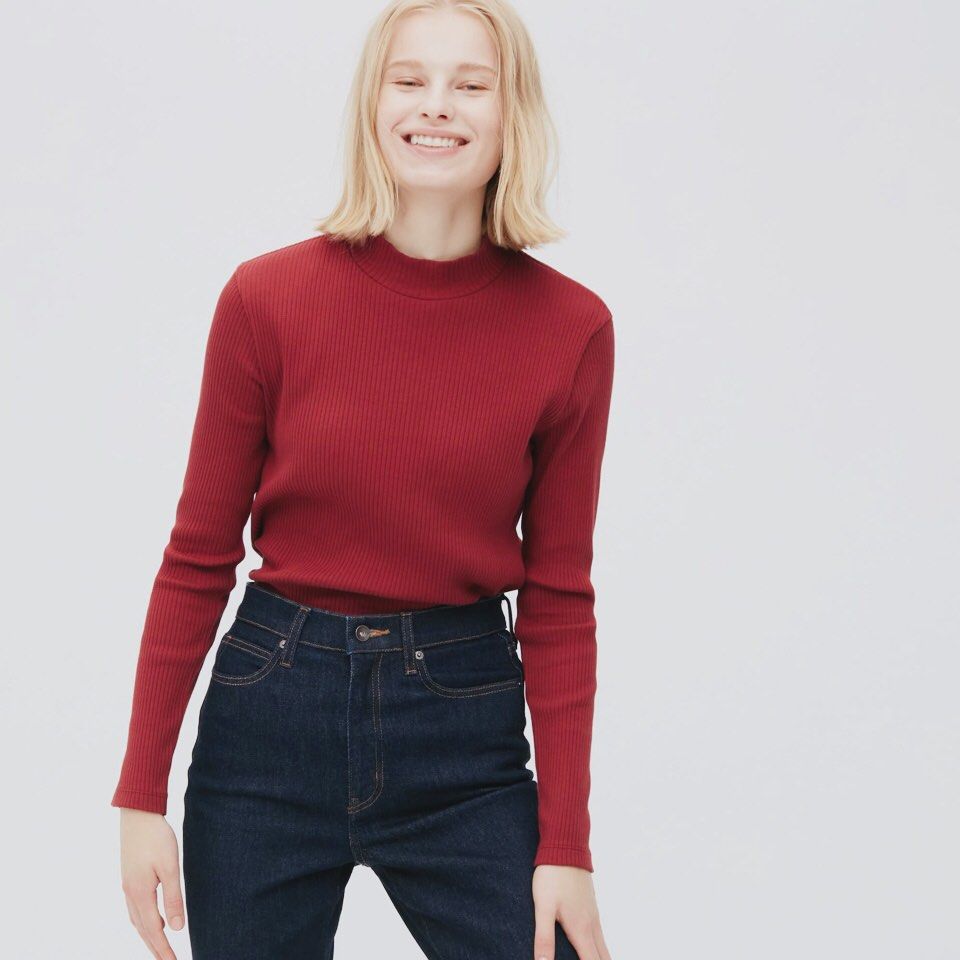 Red mock neck shirt top
