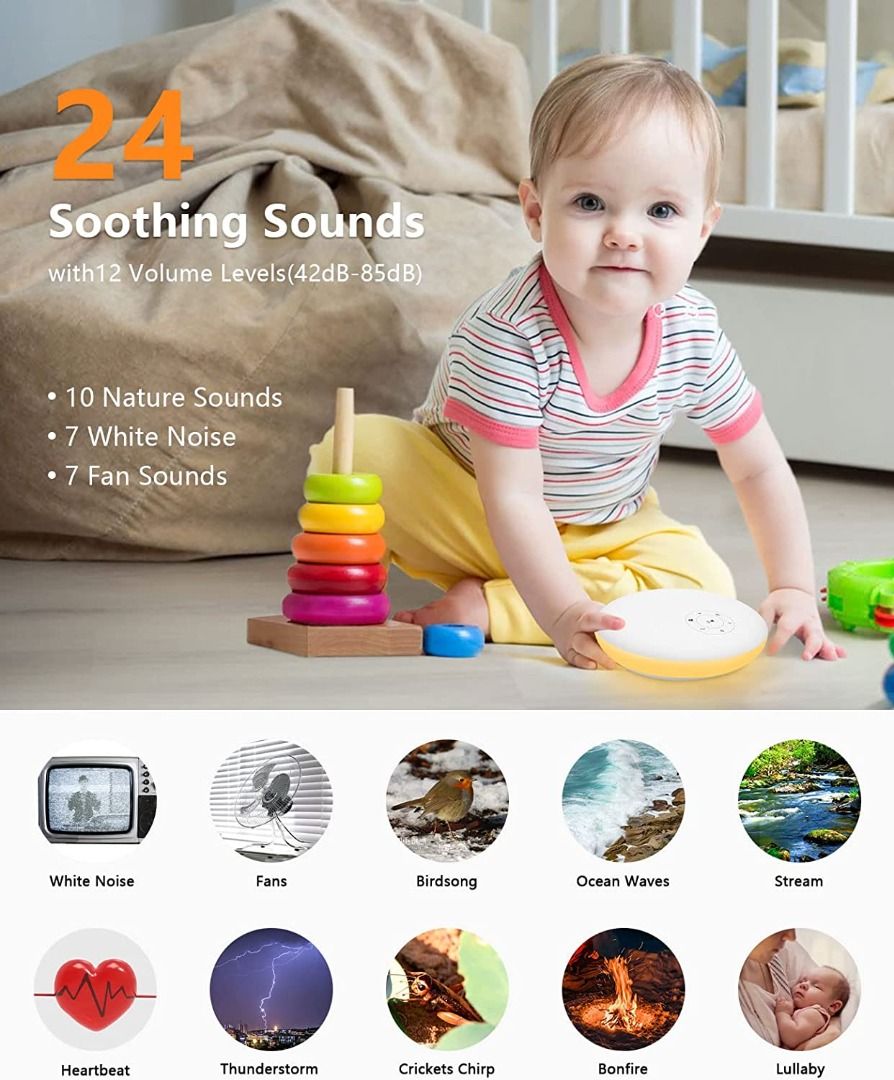 White Noise Machine Sound Machine with 12 Adjustable Night Lights 24 Non Looping Soothing Sounds Touch Control Headphone Jack Timer Memory Function for Kids Adults Bedroom Wood Grain Babies Kids Baby ...