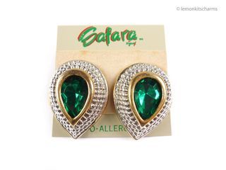 Vintage 80s Safara Large Green Teardrop Clip Earrings, er1348-cc