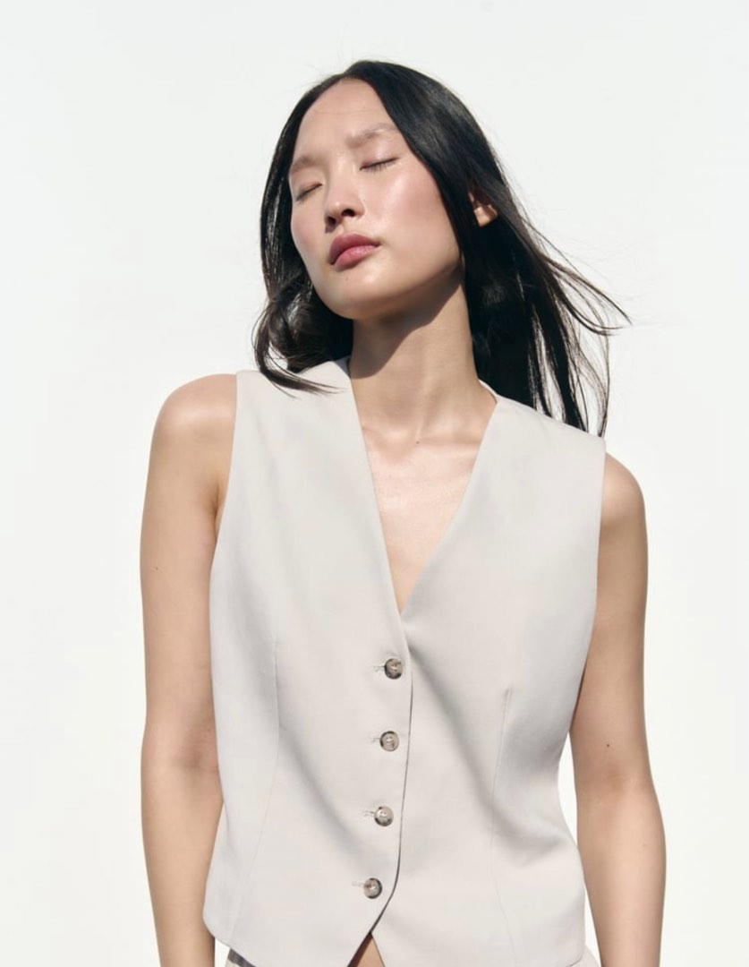 Zara Linen Textured Pants and Buttoned Vest, Women's Fashion, Tops