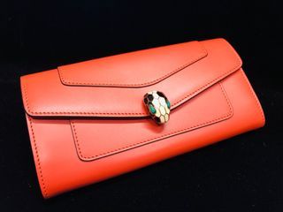 限定買家 全新7折 BVLGARI寶格麗 小牛皮琺瑯蛇頭釦式長夾 珊瑚色 Serpenti Forever系列 保卡 紙盒 紙袋