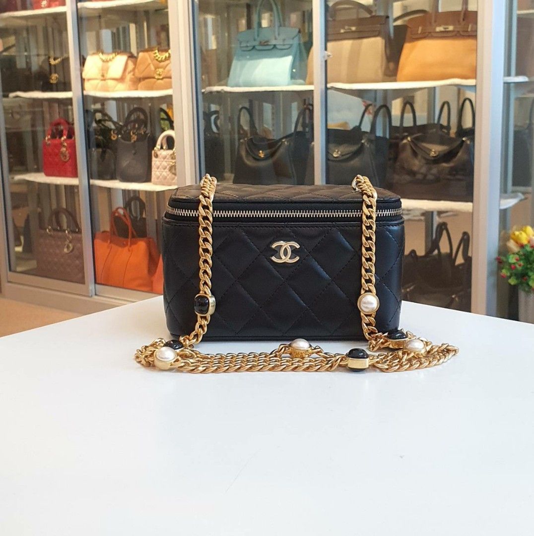 Authentic Cha nel Small Vanity Rectangle Black Lamb Gold Hardware Limited  Edition Pearls Chain Strap Microchip, Luxury, Bags & Wallets on Carousell