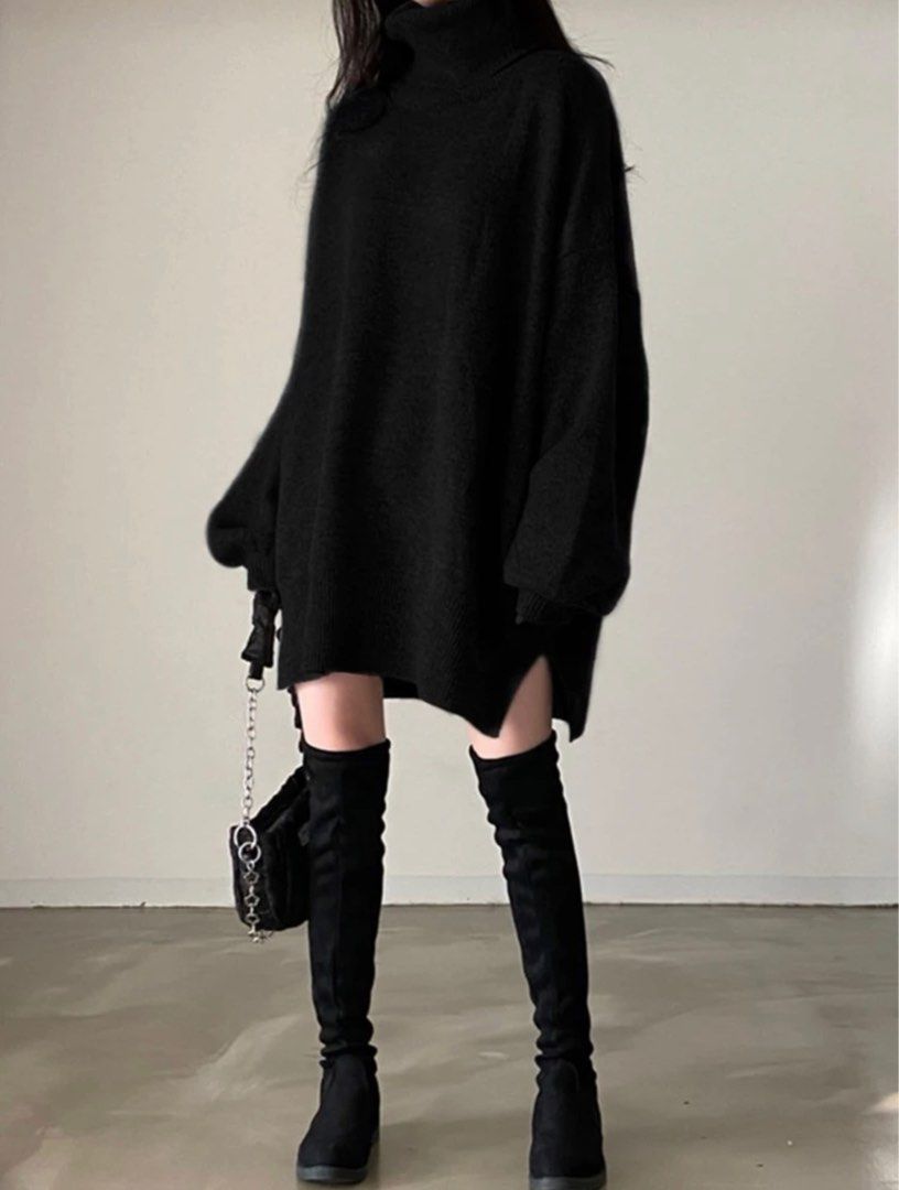 Black oversized turtleneck sweater dress