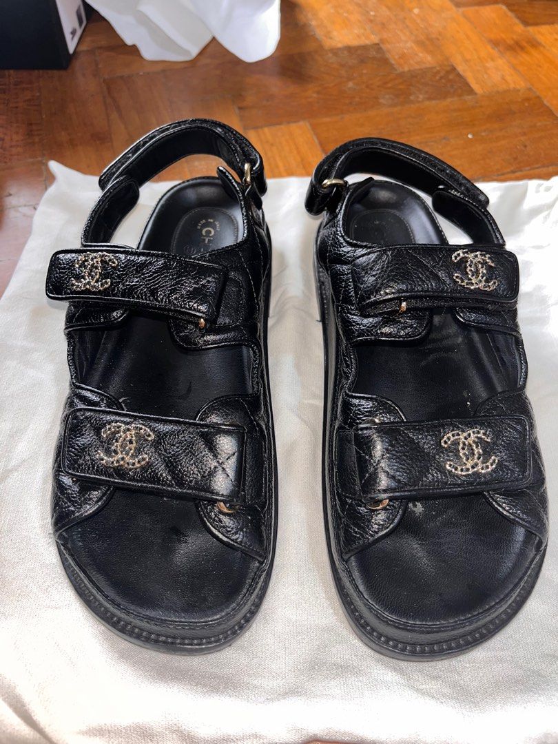 Chanel Dad Sandals in black quilted leather, Luxury, Sneakers & Footwear on  Carousell