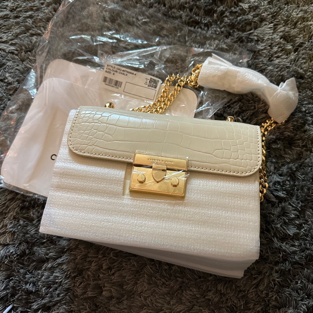 Charles Keith Chalk Croc Effect Chain Strap Crossbody Bag