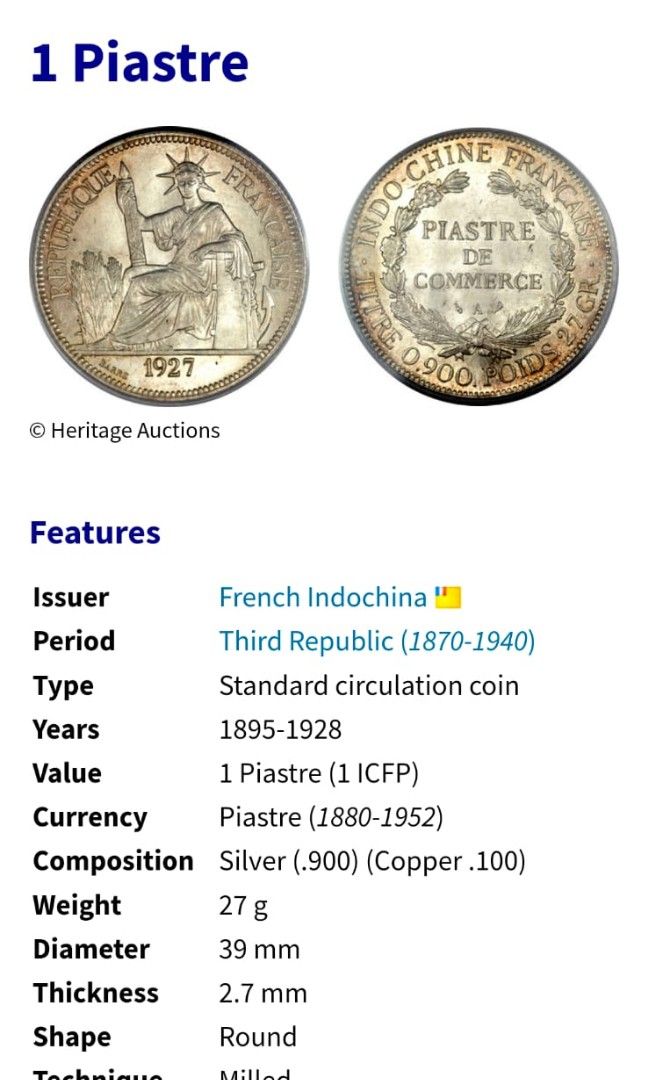 FRENCH INDOCHINA INDO CHINA ( VIETNAM ) SILVER PIASTRE COIN . 27 GRAMS