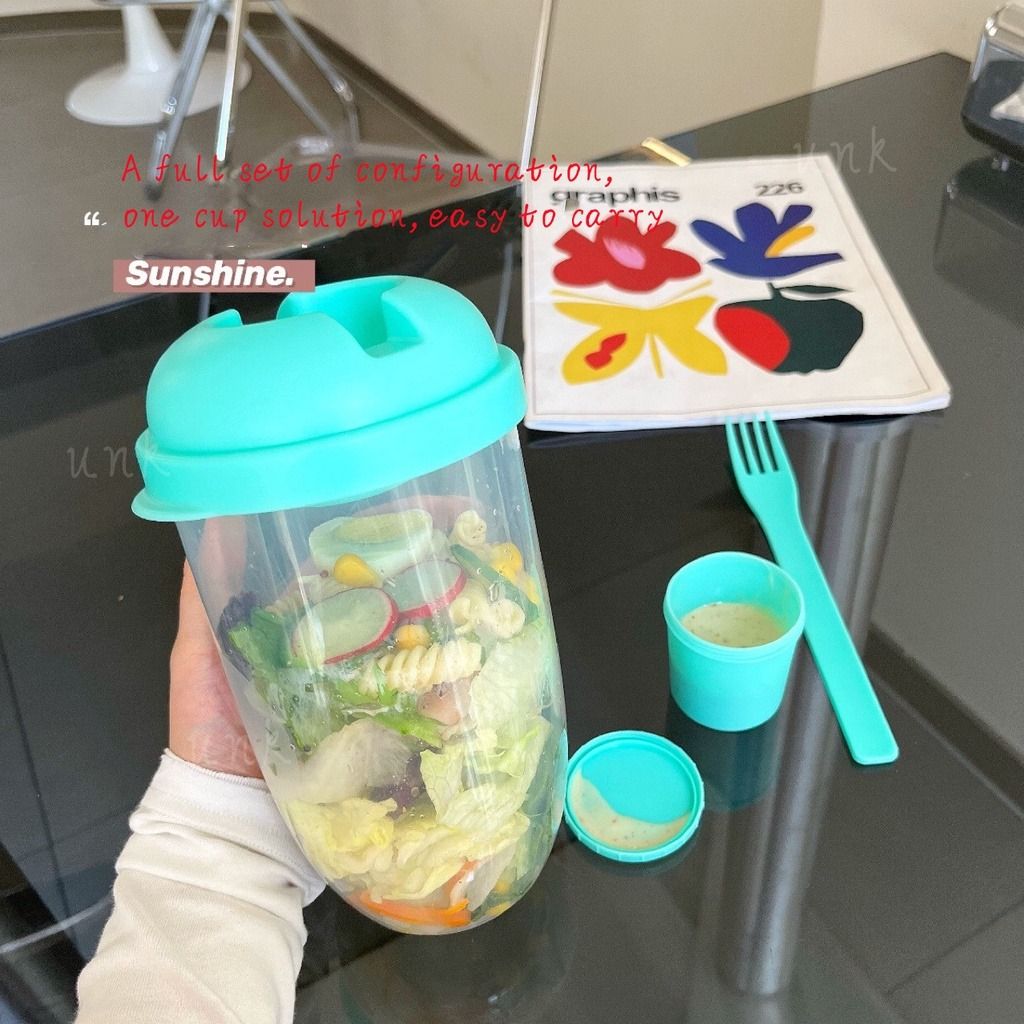 Portable Fruit and Vegetable Salad Cup Container with Fork and Salad  Dressing Holder, Fresh Salad to Go Container Set, Use This Bowl for Picnic,  Lunch to Go, Made with Plastic Bottle, Eat