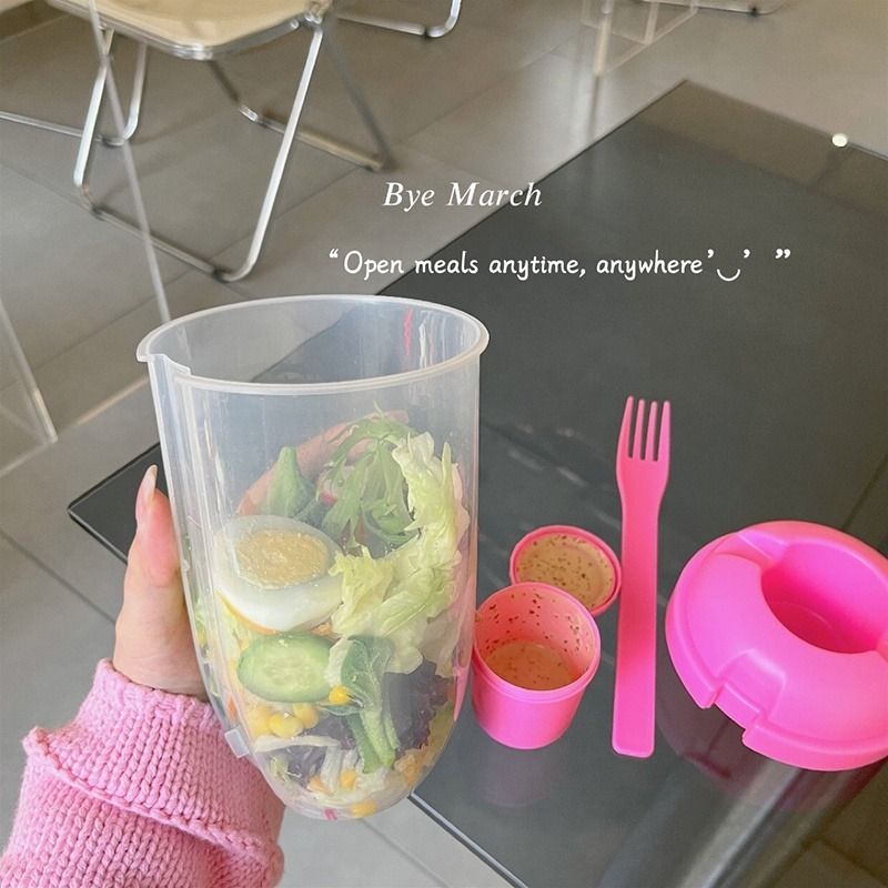 1pc Portable Oval Plastic Salad Bowl With Fork And Dressing Container,  Ideal For Taking Fruits And Vegetables On-the-go