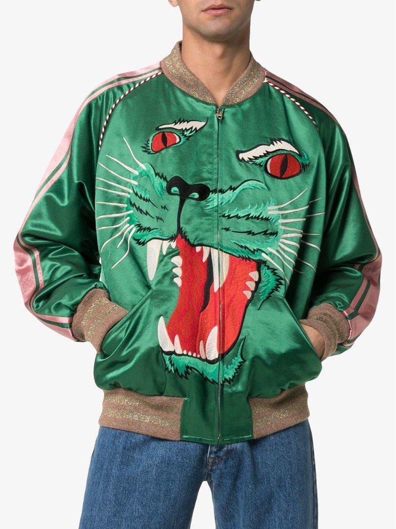 Rend Pest snemand Gucci embroidery Tiger green silk satin bomber jacket, Luxury, Apparel on  Carousell