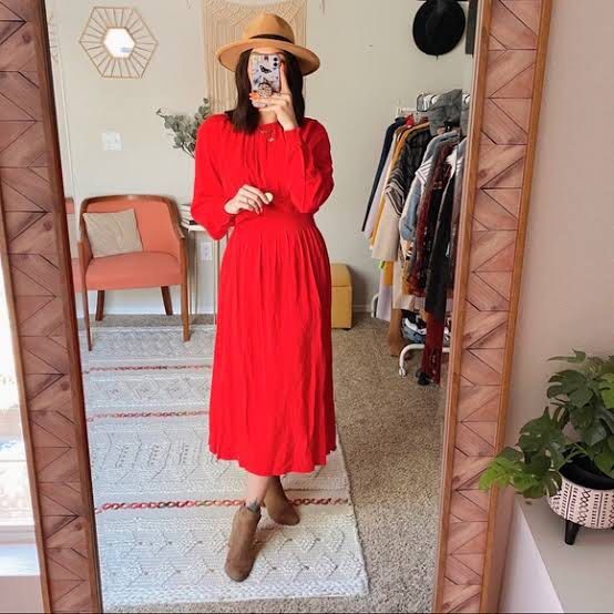 H M Red Midi Dress Fesyen Wanita Pakaian Wanita Gaun Rok di Carousell