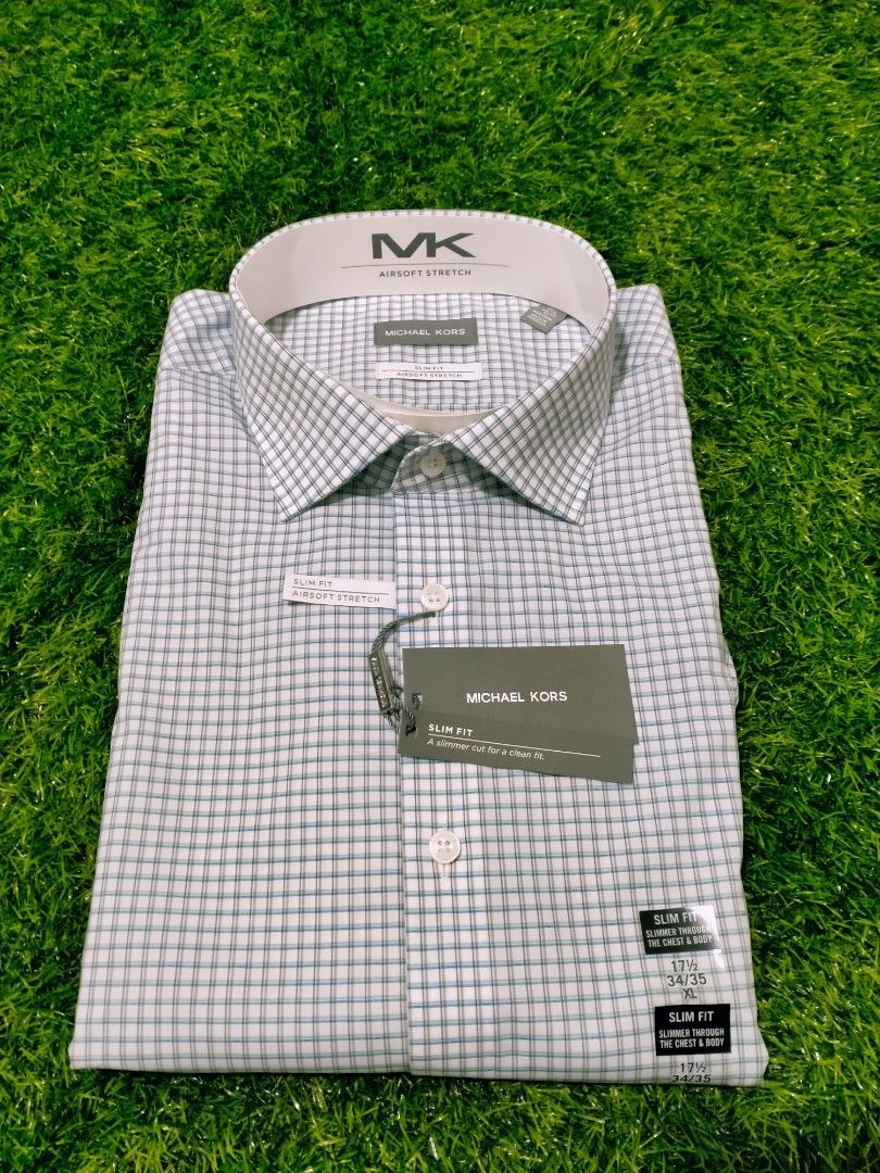 Michael Kors Men's Slim Fit AIRSOFT Button down longsleeve Blue wave   34-35, Men's Fashion, Tops & Sets, Formal Shirts on Carousell