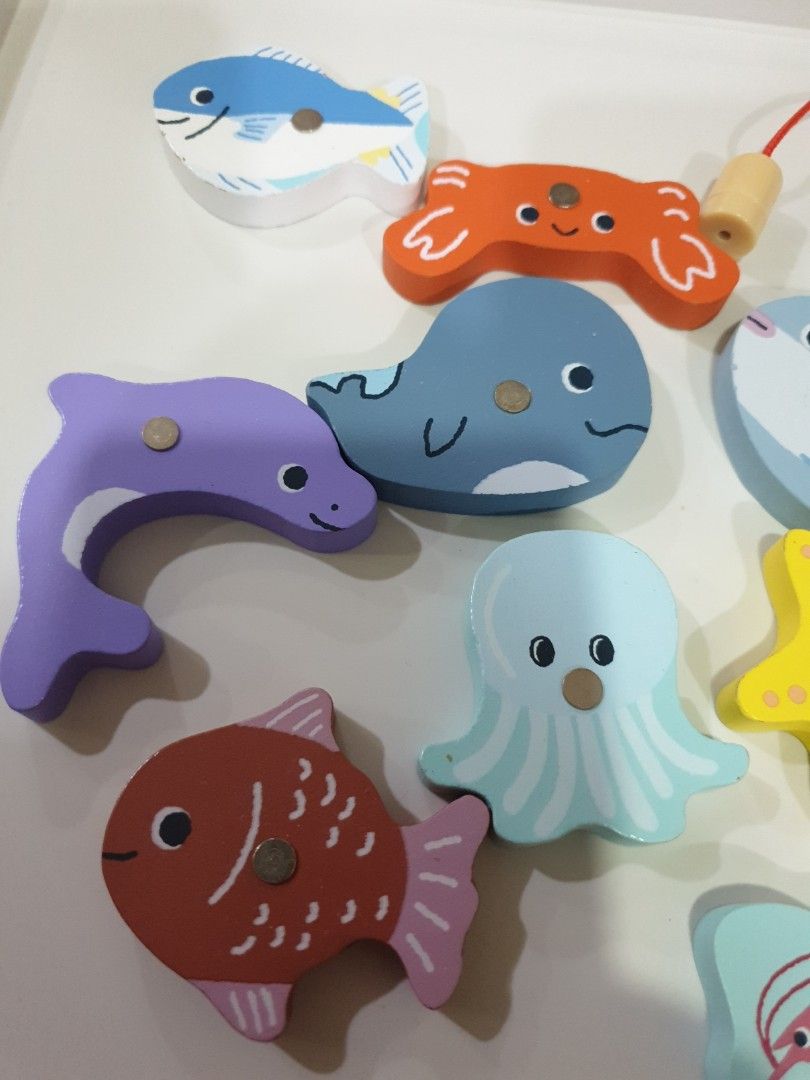 Montessori Wooden Magnetic Fishing Toys Cartoon Marine Life