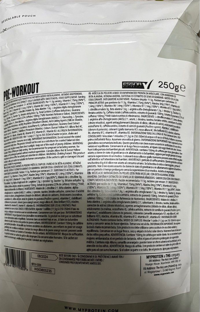 MyProtein Pre-Workout 250g - Cola and Blue Raspberry Flavour ...