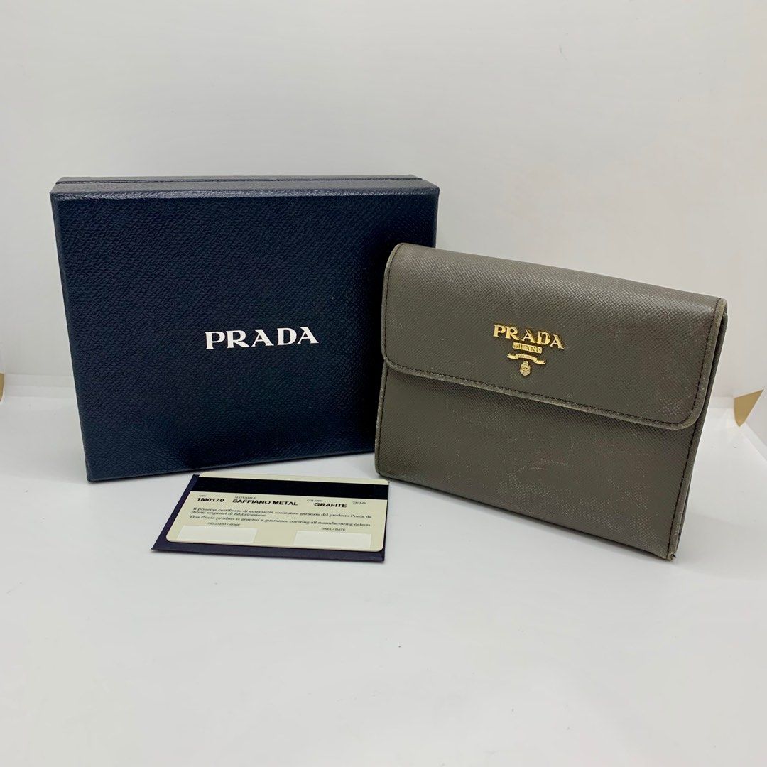PRADA 1M0170 GREY SAFFIANO TRIFOLD WALLET 227032251 ;, Women's Fashion,  Bags & Wallets, Wallets & Card Holders on Carousell