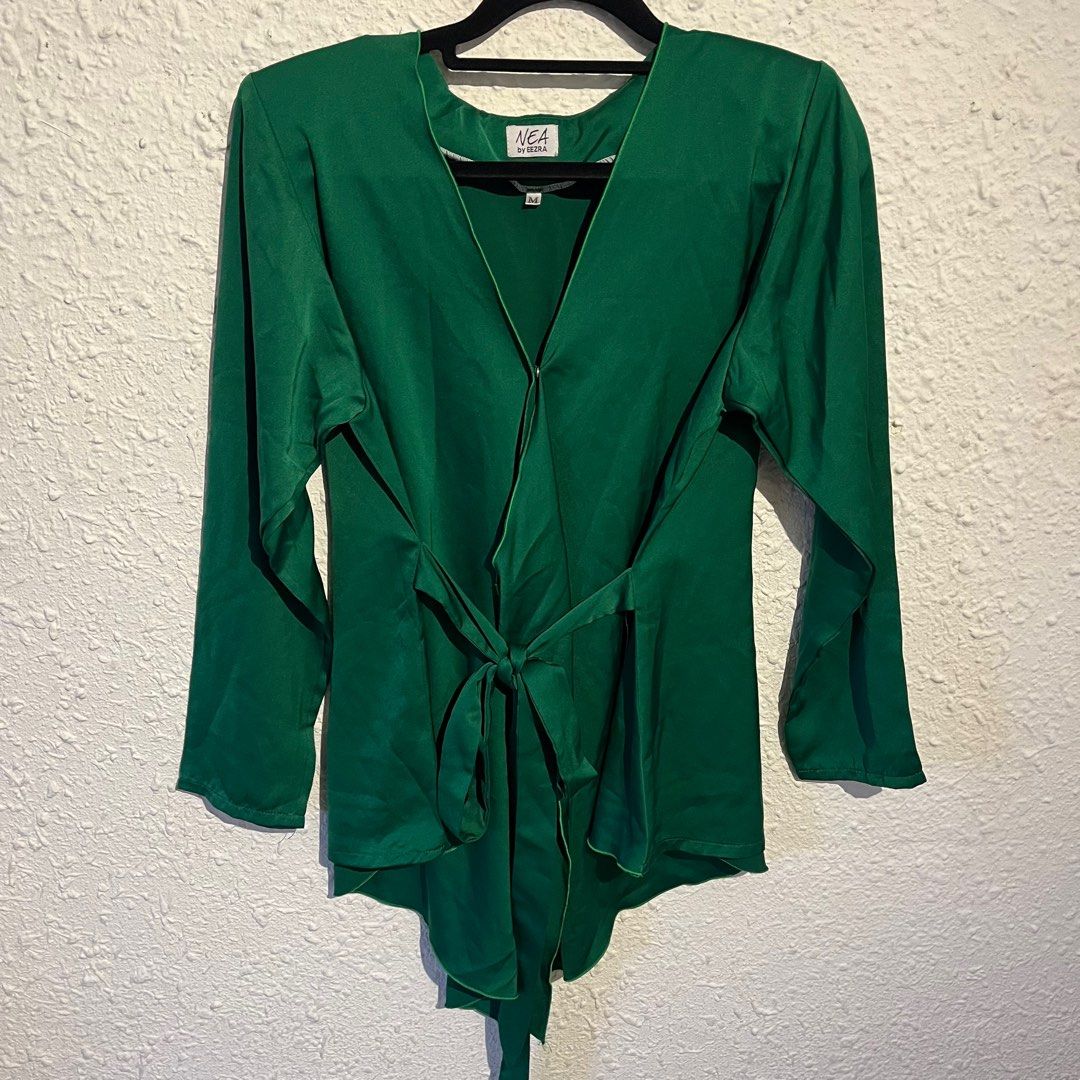 Satin Green Tie blouse, Women's Fashion, Tops, Blouses on Carousell