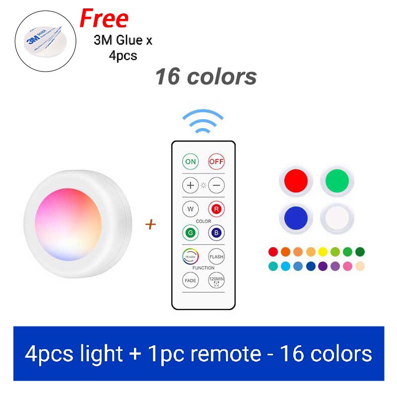 (Set of 4) 16 Colors RGB Night Light LED Remote Control Puck Light