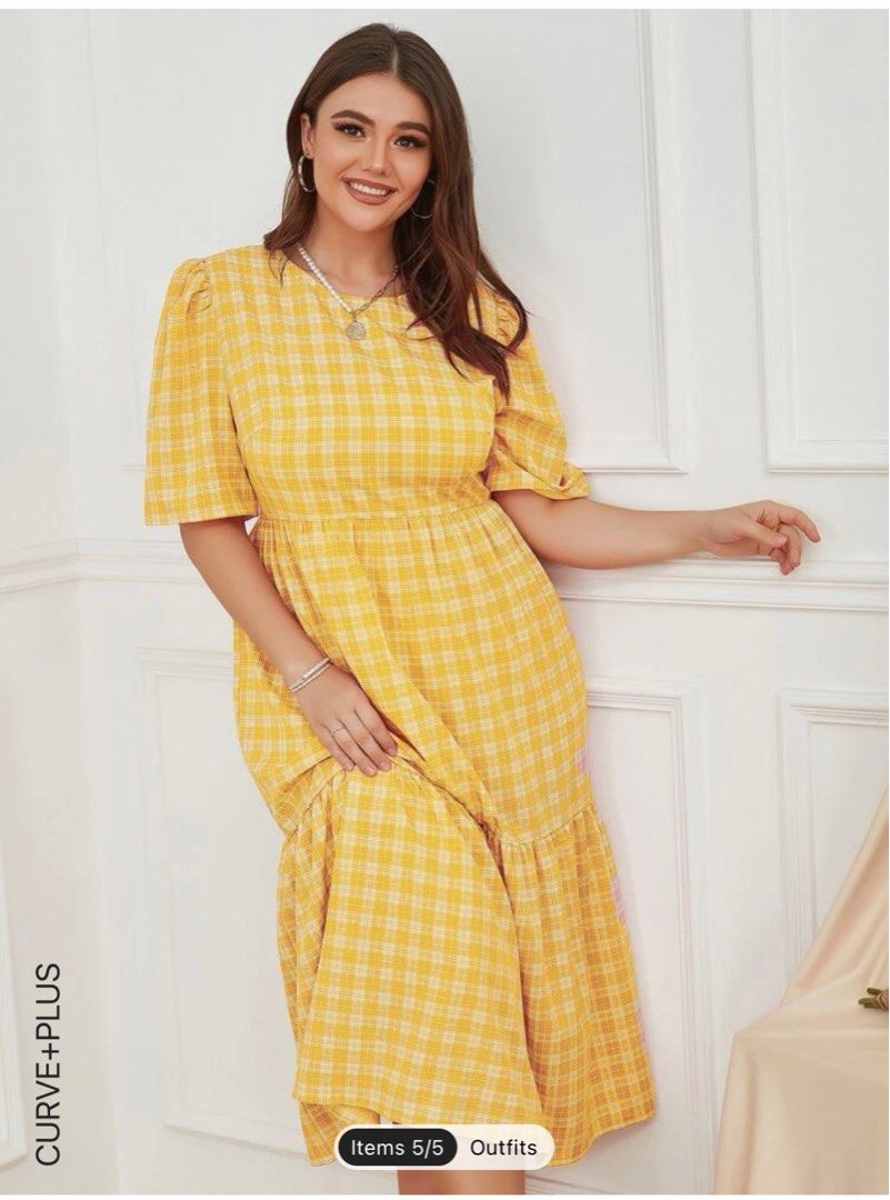 SHEIN Curve Plus Size Plaid Puff Sleeve Ruffle Hem Midi Dress, Women's  Fashion, Dresses & Sets, Dresses on Carousell