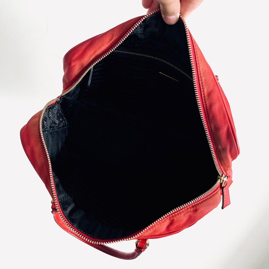 Prada Red GHW Nylon & Saffiano Leather Mini Boston Logo Structured Top  Handle Tote Bag