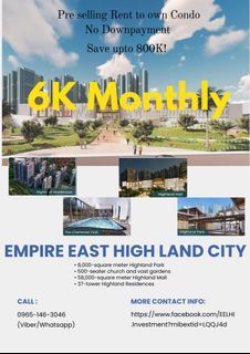 Studio-6K Monthly No Downpayment! Rent to own Pasig Condo in Ortigas Pre selling nr Cubao, Eastwood, BGC Antipolo Cainta Marikina