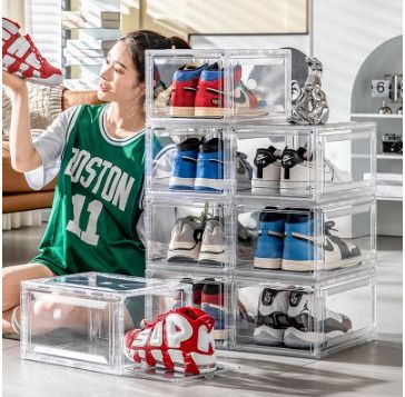 Ultimate Big Capaity Full Transparent Magnetic Front Side Drop Lid Shoe Box Premium Thick Sneaker Shoe Case Rack AT1542
