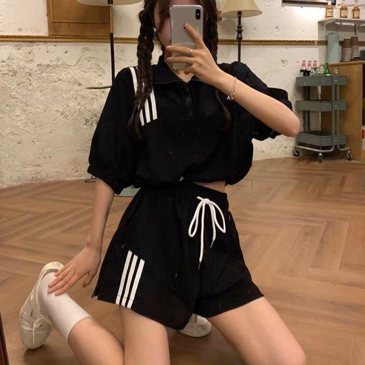 2 COLORS 2 Piece Stylenanda Athleisure Cuffed Bomber Jacket Drawstring Jogger Shorts Set Women s Fashion Dresses Sets Sets or Coordinates on Carousell