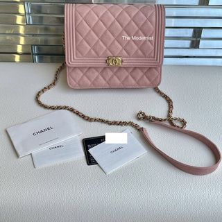 Authentic Chanel Pink Caviar Quilted Boy Square Wallet On Chain WOC