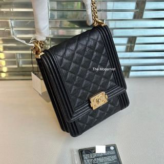 Authentic Chanel Vertical Boy Bag Black Caviar Gold Hardware