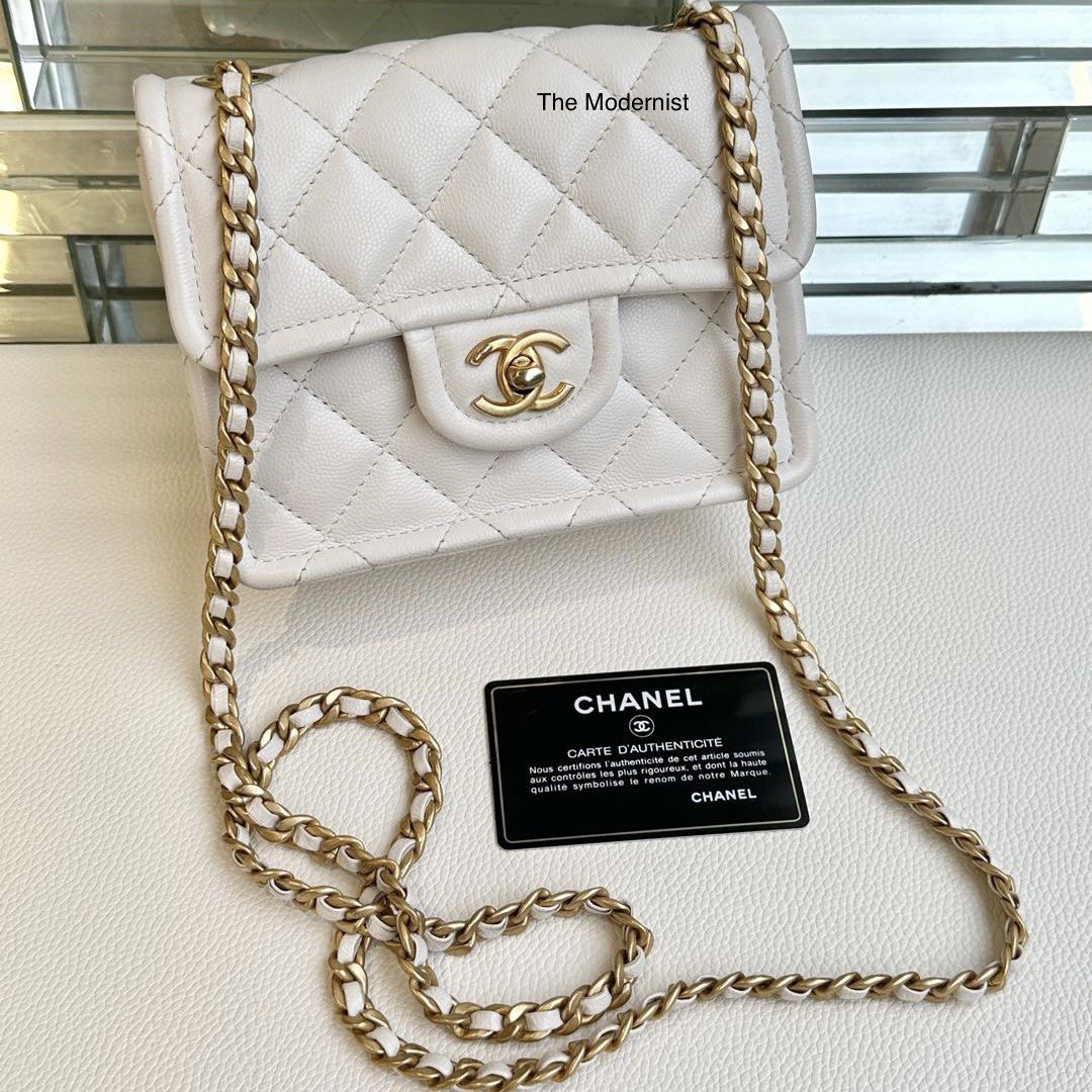 Authentic Chanel White Caviar Leather Square Flap Bag