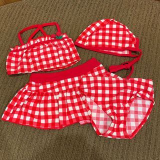 Baju Renang Bikini Anak Perempuan dengan Rok dan Topi Merah Kotak2