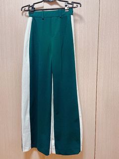 Bershka 墨綠米白撞色滾邊 運動風垂墜長寬褲