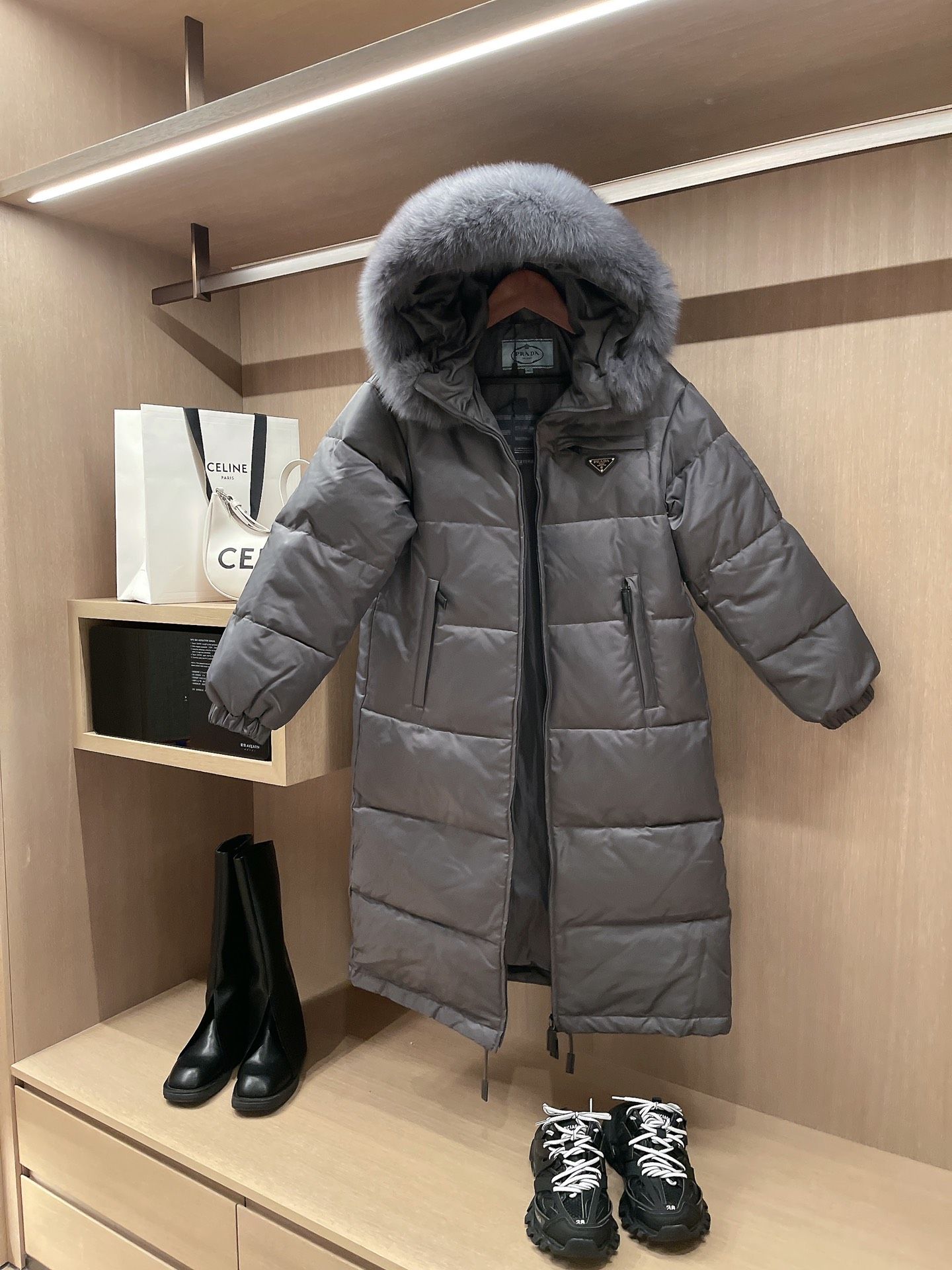 Prada puffer coat sales with fur hood