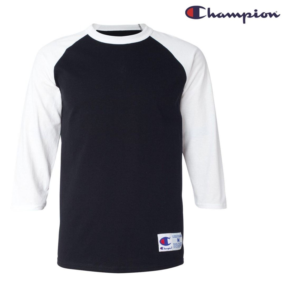 Champion T137 七分袖牛角袖T 恤(美國尺碼) (黑色身/ 白袖), 男裝
