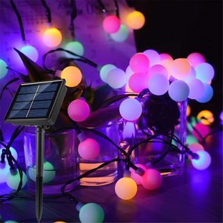 (Display set  - Like new) Solar Fairy Lights Multicolor 50 LED Ball String Lights Waterproof with 8 Modes Cosy Glow Ambiance Globe Lighting for Garden, Christmas, Bedroom, Patio, Wedding, Party, Festival Decoration