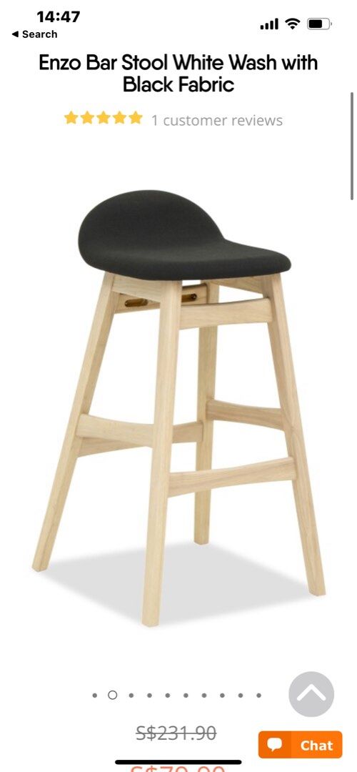 Enzo Bar Stool White Wash with Black Fabric, Furniture & Home Living