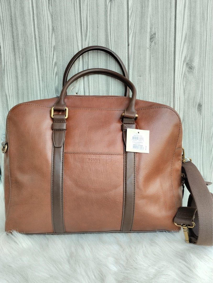 Fossil evan large laptop briefcase workbag brown leather fit to 15inch laptop
