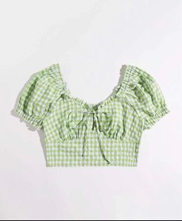 Green checkered off shoulder/  crop top with ribbon tie
