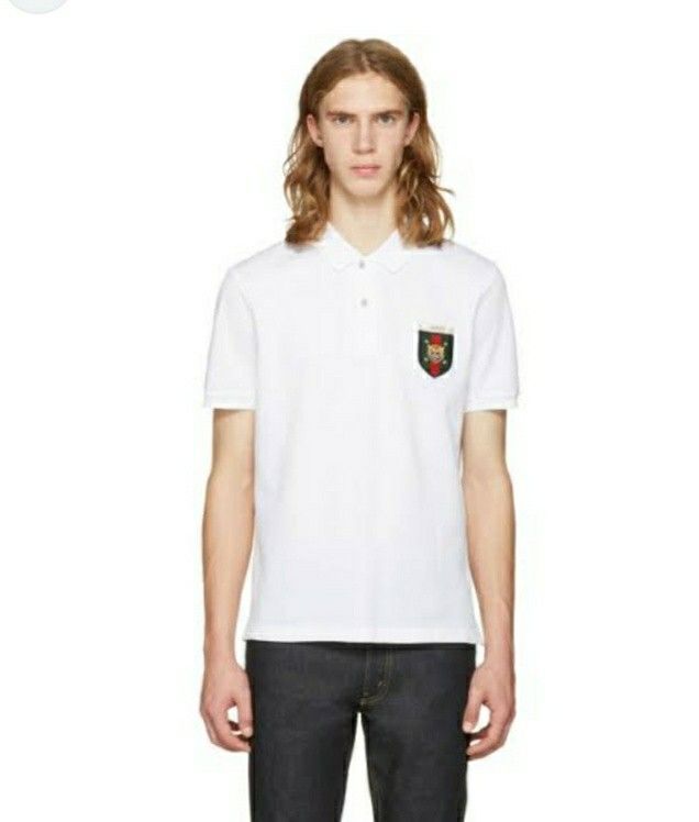 Gucci White Embroidered Tiger Crest Polo Men s Fashion Tops