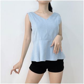 Import Light Blue V Neck Sleeveless Peplum Top Blouse Atasan Leher V Sexy Biru Muda Lengan Buntung Baju Kerja Kantor Thrift
