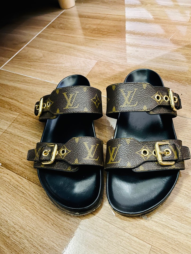LOUIS VUITTON Calfskin Monogram Embossed Bom Dia Flat Mule Sandals