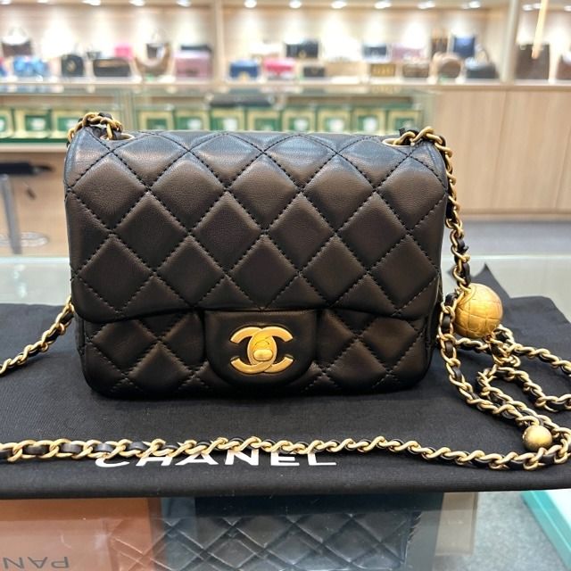 NEW CHANEL Mini Square Pearl Crush Black Lambskin GHW Microchip NETT PRICE